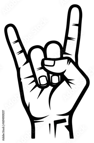 Rock and Roll Hand Sign Black and White Illustration.