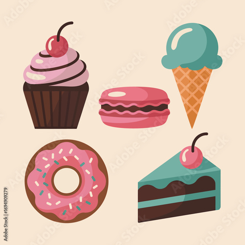 Colorful cartoon sweets collection featuring a cupcake with cherry pink macaron blue ice cream cone donut with sprinkles and a slice of cake on a light background for dessert lovers