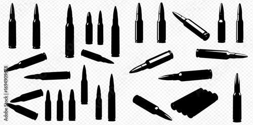 Multiple black silhouettes of firearm ammunition, including bullets and cartridges, against a transparent background.
