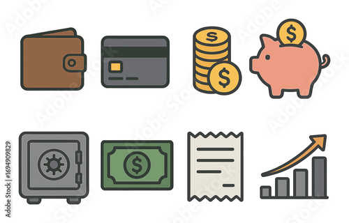 Financial management icons featuring wallet, credit card, coins, piggy bank, safe, cash, receipt, and growth chart