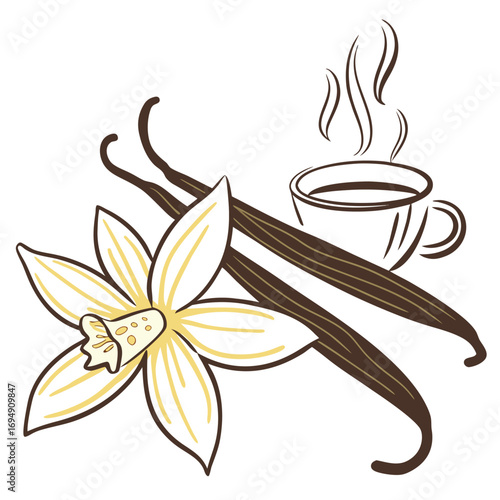 Vanilla Bean Flower and Steaming Coffee Cup Illustration orchid spice