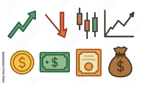 Colorful finance icons representing market trends and money concepts