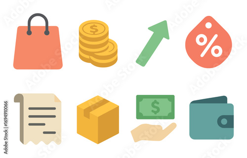 Colorful financial icons illustration: shopping, currency, growth, savings