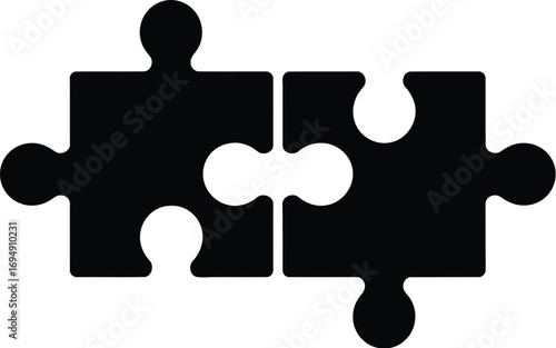 Two black puzzle pieces fitting together, symbolizing connection and solutions