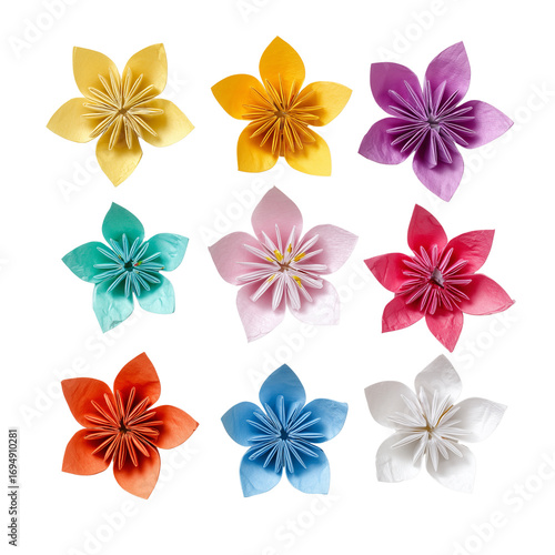 Vibrant assorted origami blossoms artfully arranged top view delightful craftsmanship display
