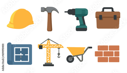 Construction tools and equipment icons with helmet hammer drill and blueprint