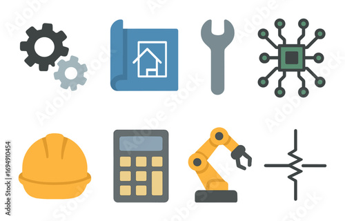 Construction and engineering icons: blueprint, tools, and robotics