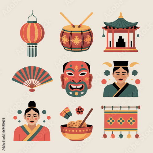 Collection of korean cultural symbols including a lantern drum pavilion fan mask people bowl of food and hanging textile art in a flat vector illustration style on a light background