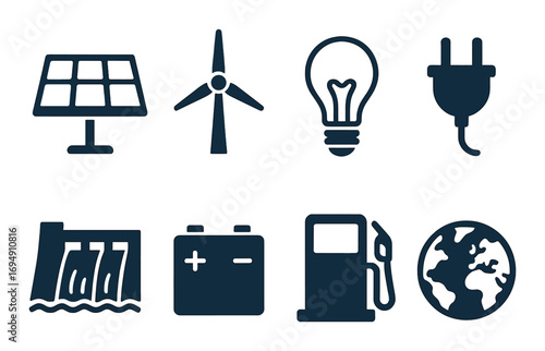 Sustainable energy icons: solar, wind, hydro, battery, fuel, light bulb, plug, earth