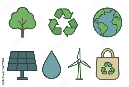 Eco-friendly icons highlighting recycling, renewable energy, and sustainable practices