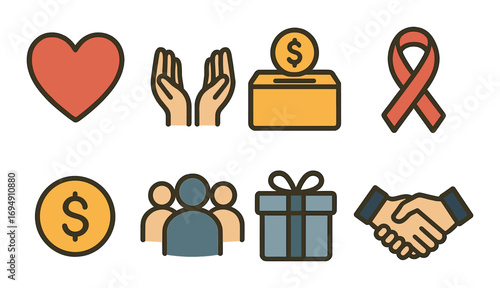 Charity and donation icons with heart, hands, money, ribbon, people, gift, handshake