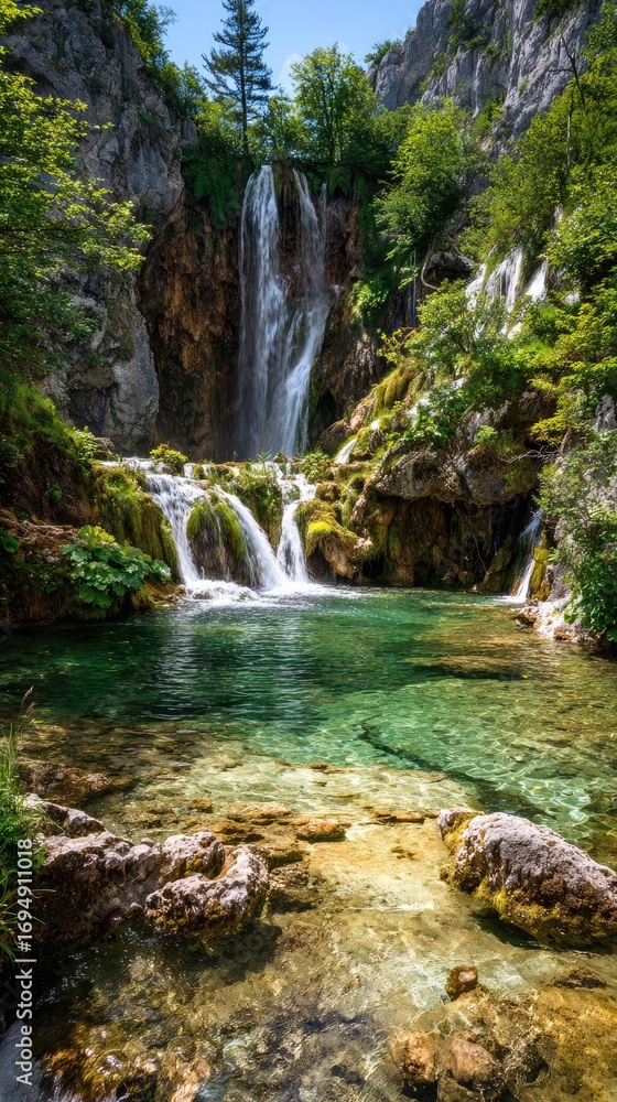 Naklejka premium Majestic waterfall cascading into a tranquil pool