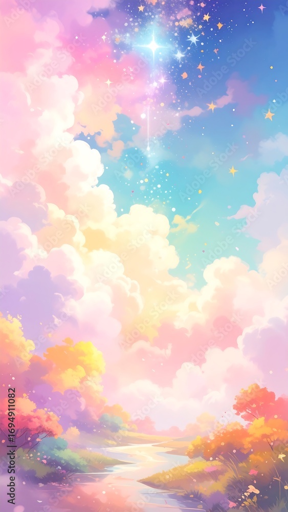 Fototapeta premium A dreamy, colorful landscape with pastel skies, fluffy clouds, and a winding river meanders through a field of colorful trees.