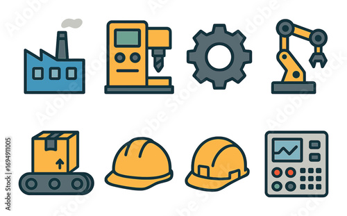 Industrial automation icons set featuring machinery and safety gear