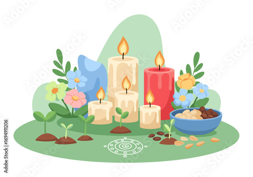 Spring equinox altar with candles, flowers, and seeds on a green background