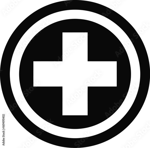 Clean white medical cross symbol within a black circle, representing healthcare and aid.