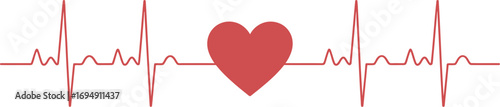 Red heart symbol centered on a continuous electrocardiogram line, representing a healthy heartbeat and medical care.