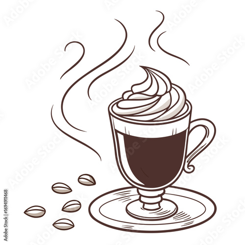 Cartoon hot coffee with whipped cream and steam on a saucer with beans drink beverage