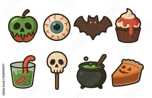 Cartoon halloween icons: skull, bat, cauldron, cupcake, apple, eyeball, worm drink, pie