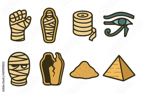 Egyptian symbols: mummy hieroglyphs, sarcophagus, bandages, eye of horus, pyramid