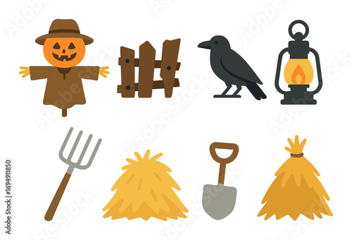 Spooky harvest symbols: scarecrow, crow, lantern, farming tools, haystacks