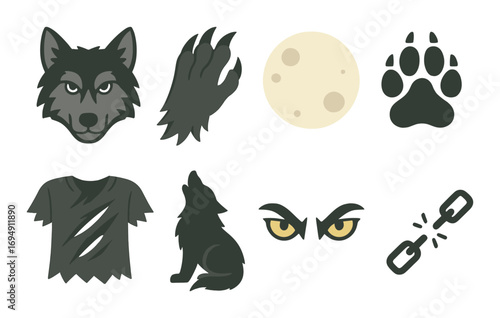 Werewolf transformation symbols: moon, claws, paw, wolf head, tattered shirt, eyes, chain