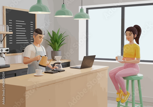 Vector art of a barista in an apron pours coffee from a jug into a cup at a counter in a bright, modern cafe, while a customer sits nearby with a laptop and coffee