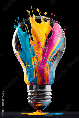 Vibrant paint splashes erupting from a light bulb against a black background, symbolizing creativity