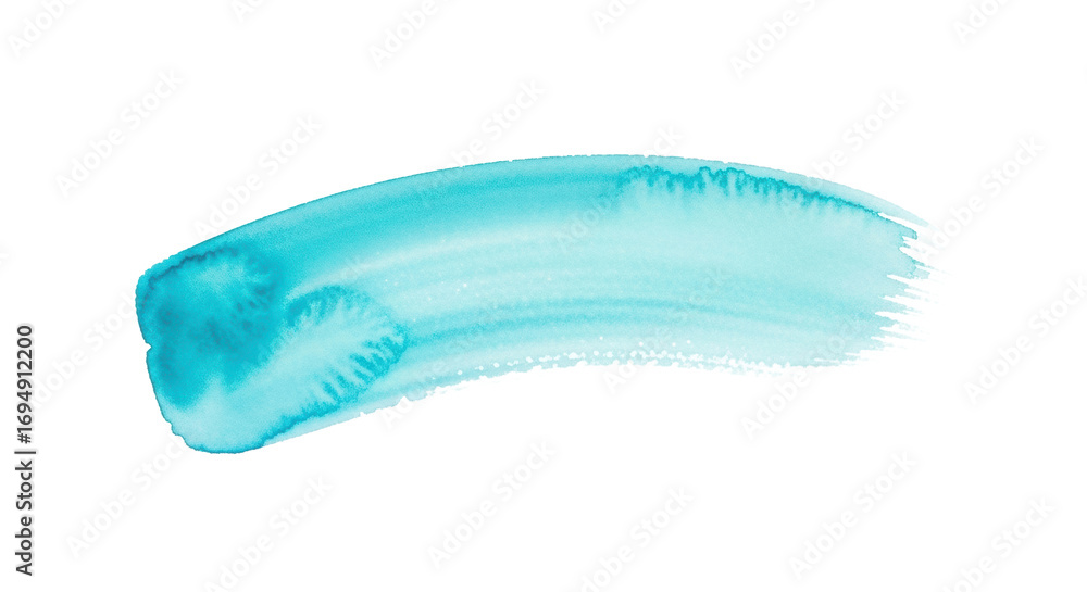 Obraz premium Luminous aquamarine horizontal brush stroke with translucent, softly blended watercolor edges, isolated on a transparent background with copy space, concept of serene abstract art