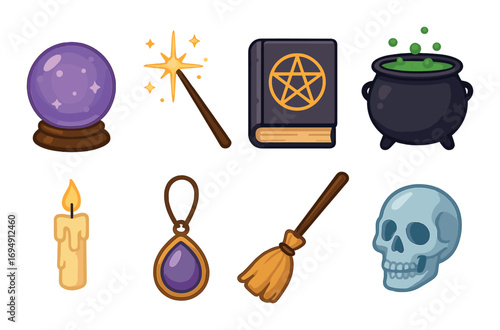 Magic and mystery: crystal ball, wand, spellbook, cauldron, candle, amulet, broom, skull icons