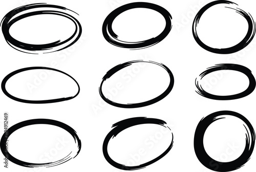 A collection of nine hand-drawn oval shapes with a brushstroke effect, presented on a white background.