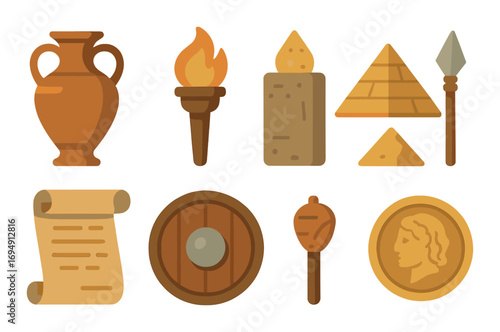 Ancient artifacts collection with torch, parchment, amphora, and pyramid