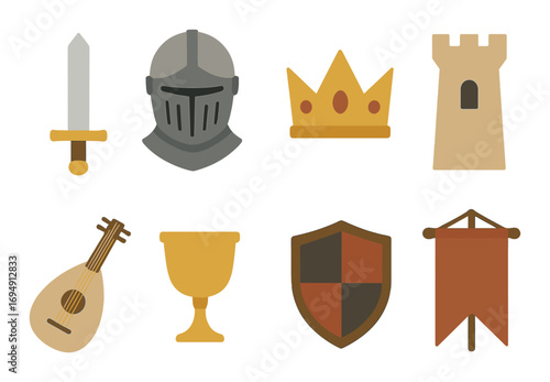 Medieval symbols: sword, helmet, crown, tower, lute, chalice, shield, banner
