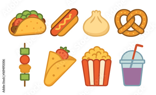 Colorful icons of popular street foods including taco, hot dog, dumpling, and pretzel