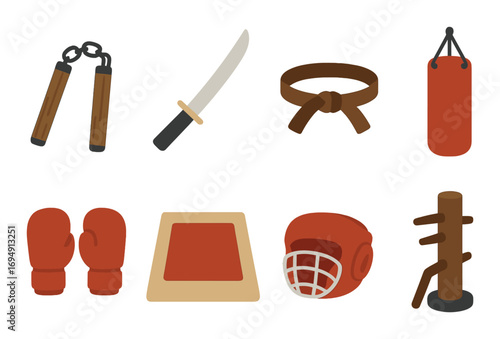 Martial arts equipment icons: gloves, katana, nunchucks, belt, punching bag