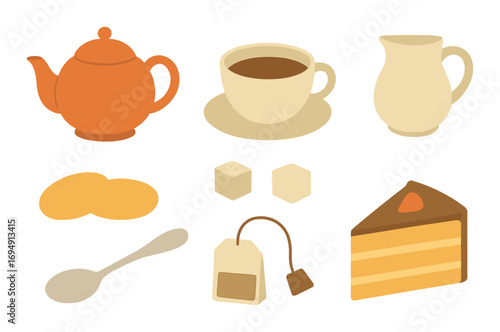 Tea time essentials: teapot, coffee, milk, biscuits, sugar cubes, spoon, tea bags, cake