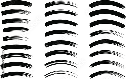Collection of hand-drawn black paintbrush strokes, curved, various widths and opacities.