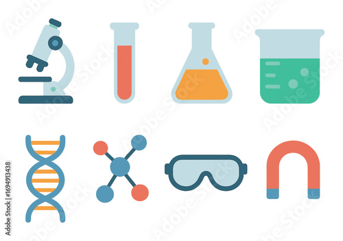 Colorful science icons: microscope, test tube, dna, molecule, beaker, goggles