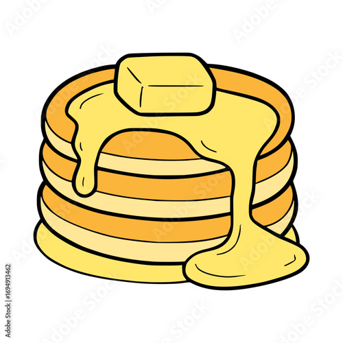 Delicious stack of golden pancakes with melting butter and syrup, perfect for breakfast menus and culinary designs.