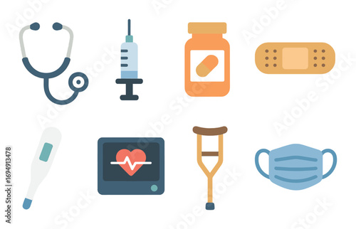 Medical equipment icons: stethoscope, syringe, medicine bottle, bandage, thermometer, heart monitor, crutch, mask
