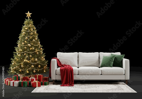 Vector art of festive living room with decorated christmas tree, sofa, presents, and rug, perfect for holiday season celebrations