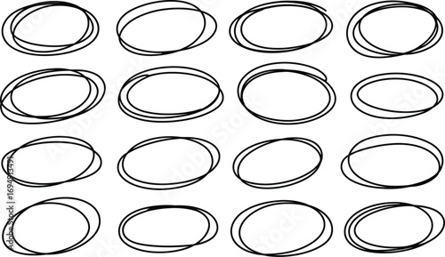 A collection of sixteen hand-drawn black scribble ovals and ellipses arranged in a grid, perfect for highlighting text or design elements.