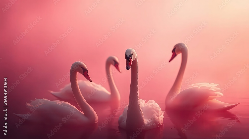 Naklejka premium Elegant swans gracefully glide across serene pink waters creating a tranquil and romantic atmosphere