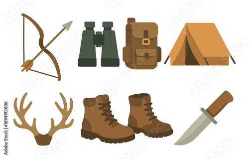 Camping gear and hunting equipment featuring bow, binoculars, tent, and boots