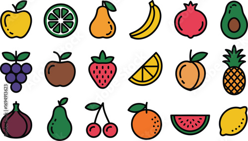 A vibrant collection of outlined fruit icons, featuring apples, oranges, pears, bananas, pomegranates, avocados, grapes, strawberries, lemons, peaches, pineapples, figs, cherries, and watermelons.