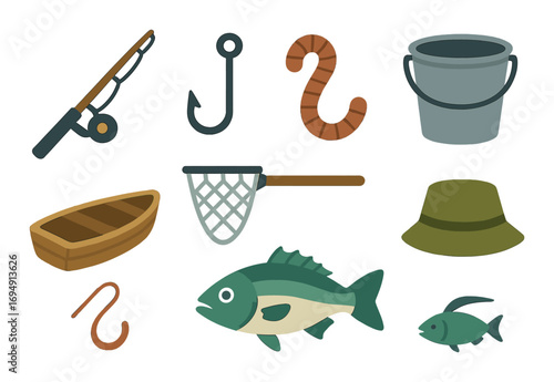Colorful fishing gear and icon set with rod, hook, worm, and fish illustrations