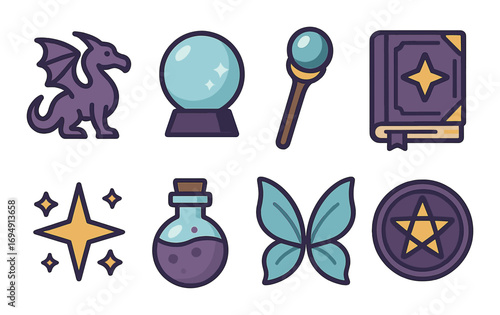 Fantasy icons: dragon, crystal ball, magic wand, spellbook, star, potion, butterfly, pentagram