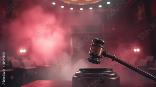 Justice gavel poised for decision in dramatic, smoky courtroom ambiance
