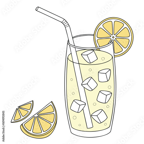 Refreshing Lemonade In Tall Glass With Ice Cubes And Lemon Slices drink beverage