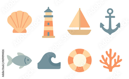 Nautical themed icons featuring shell, lighthouse, sailboat, anchor, fish, wave, lifebuoy, coral